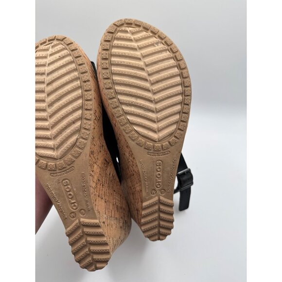 CROCS A-Leigh Black Leather Cork Wedge Slingbacks Sandals Size 9 w9 - Picture 10 of 10